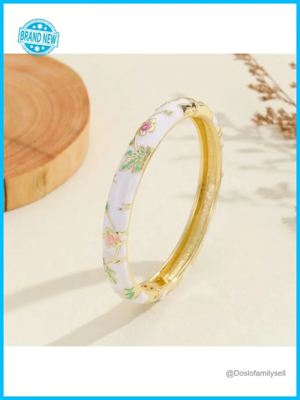 Cloisonne Bangle Bracelet Chunky Cuff Engraved Floral Enamel Gold Plated